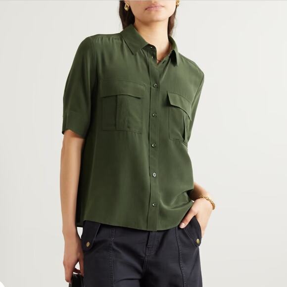 NWOT NEW Frame Green Silk Crepe Shirt - Picture 2 of 8